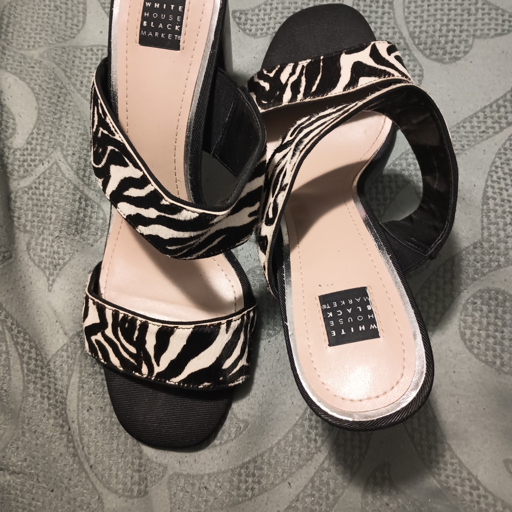 White House Black Market Black and White Zebra Slide Heels